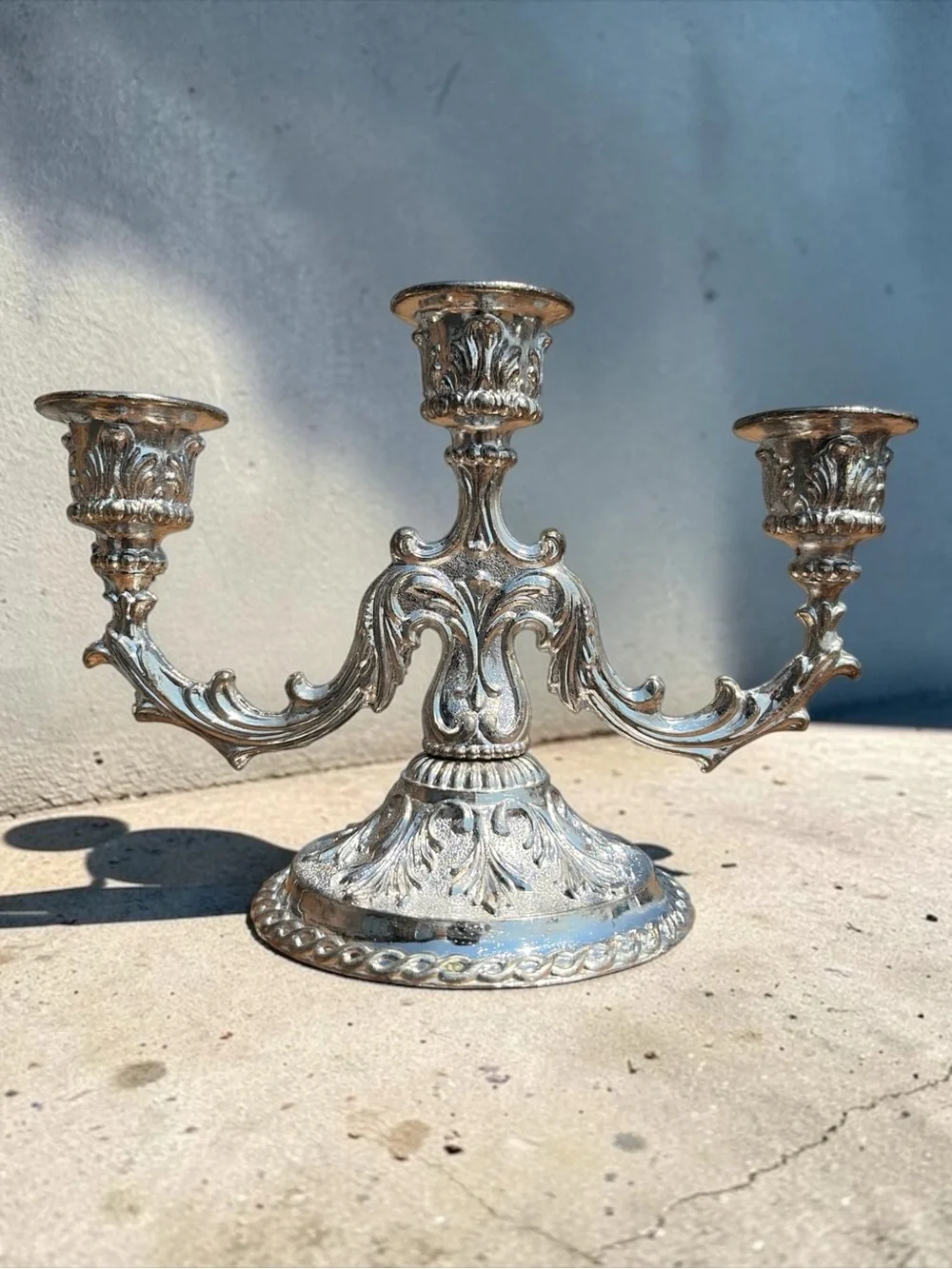 Ornate Silver Three-Arm Candelabra Decorative Centerpiece